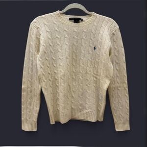 Ralph Lauren Women’s Cable Knit Crewneck Sweater - Cream Lambs Wool Lightweight